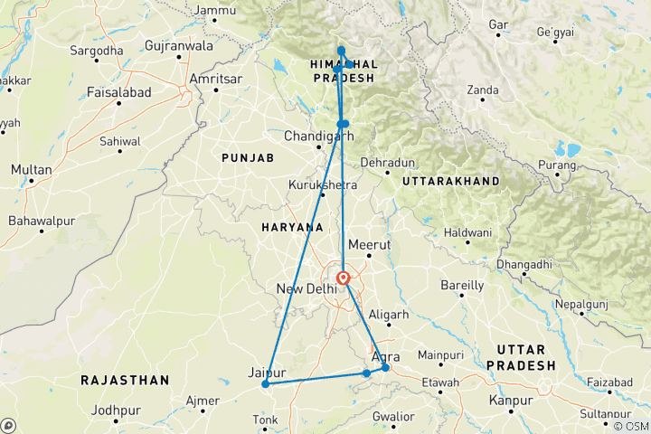 Kaart van Gouden Driehoek Tour met Shimla & Manali