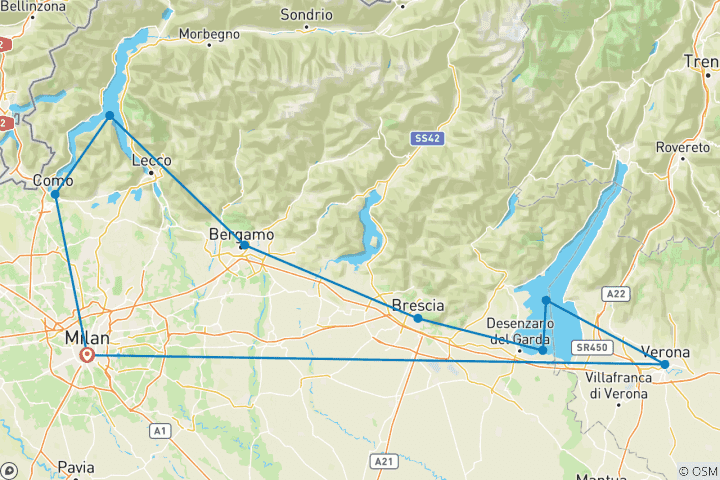 Map of Escorted Tour of Northern Italy Lakes Region: from Milan to the Alps