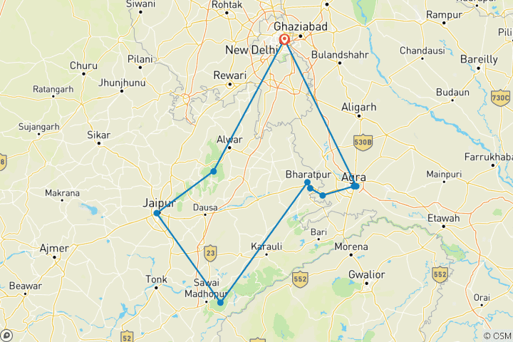 Carte du circuit 10 jours de visite de la faune et de la flore avec Jaipur