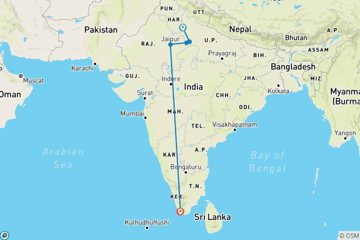 Map of Golden Triangle Tour with Kovalam Beach