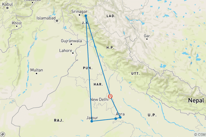 Kaart van Gouden Driehoek Tour met Pahalgam
