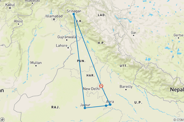 Map of Golden Triangle with Srinagar