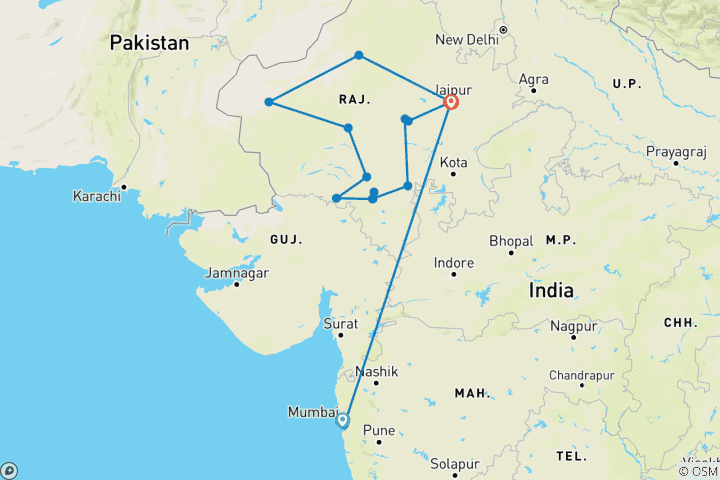 Map of Rajasthan Tour with Mumbai