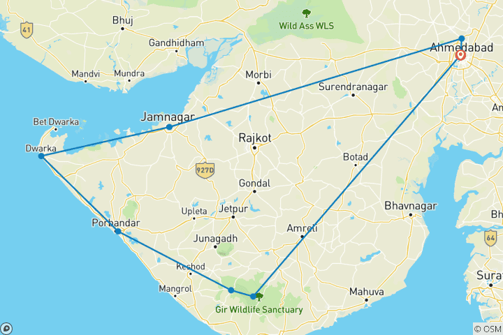 Karte von Sasan Gir mit Somnath Dwarka Rundreise