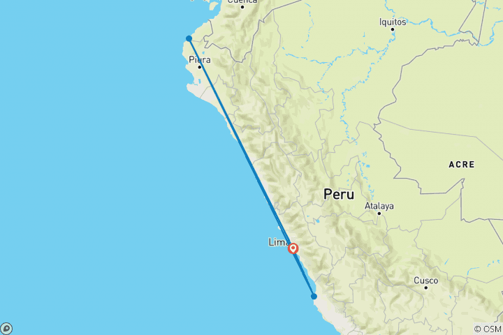 Map of 8 days - Central and North Peru:. Lima - Paracas - Mancora