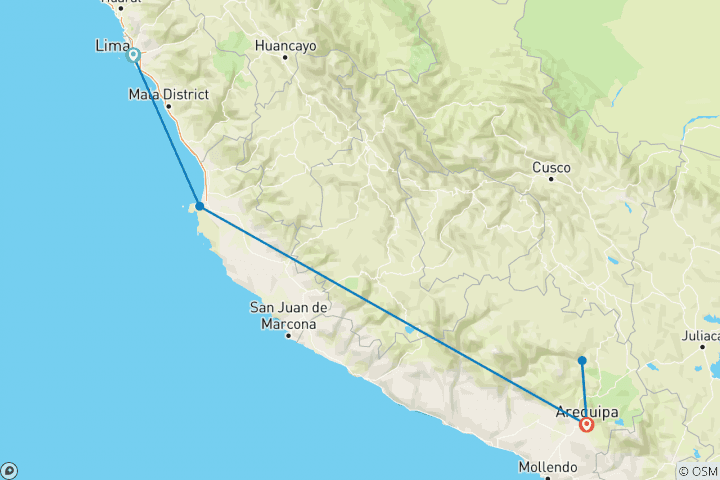 Map of 8 days -Central-Southeast :. Lima - Paracas - Ica - Arequipa