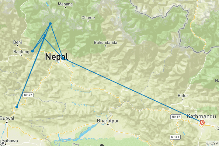 Carte du circuit Trek du camp de base de l'Annapurna 11 jours