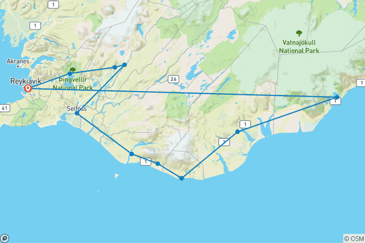 Map of 3 Days Golden Circle, South Coast and Jökulsárlón Glacier Lagoon (Group Tour)