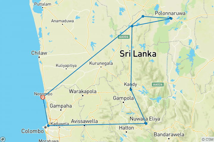 Map of 6-Day Sri Lanka Heritage Private Tour