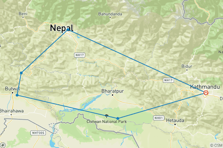 Map of Royal Enfield Motorbike Tour in Nepal -7 Days