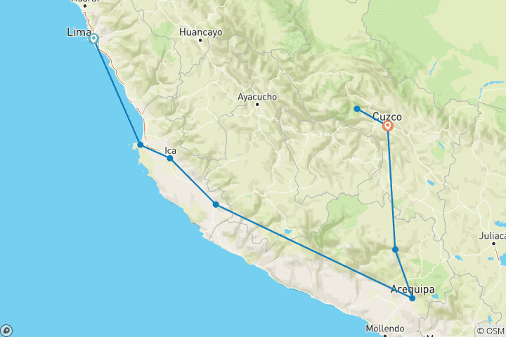 Carte du circuit 10 jours Pérou du sud-est à la montagne : Lima, Paracas, Nazca, Arequipa, Cusco