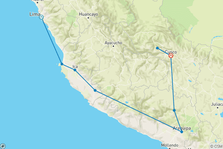 Map of 10 days Peru Southeast to Mountain: Lima, Paracas, Nazca, Arequipa, Cusco