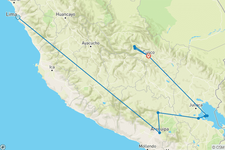 Map of 8 days Full South Peru :. Lima – Arequipa – Puno - Cusco