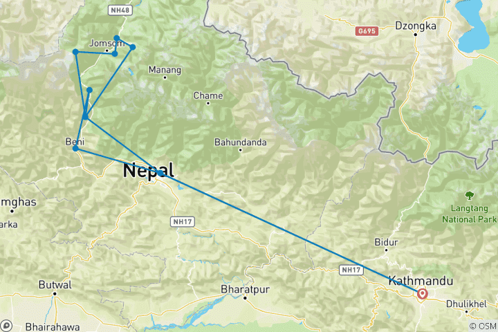 Map of Lower Mustang Motorbike Tour - 8 Days