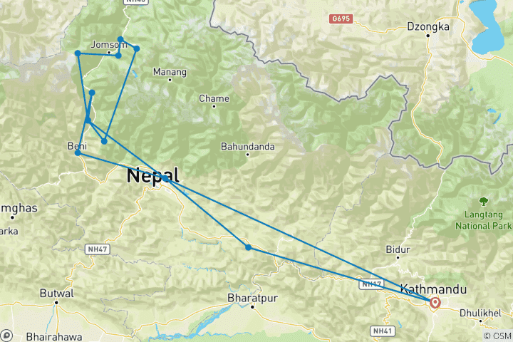 Map of Lower Mustang Motorbike Tour -9 Days