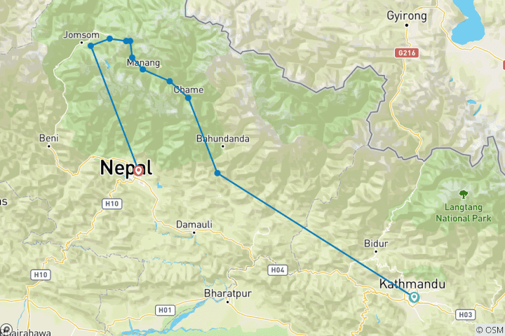 Mapa de Ruta a caballo por el circuito del Annapurna