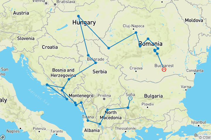 Map of 12 days Balkans Tour from Sofia