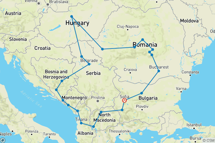 Carte du circuit Circuit de 14 jours dans les Balkans au départ de Sofia avec la Transylvanie