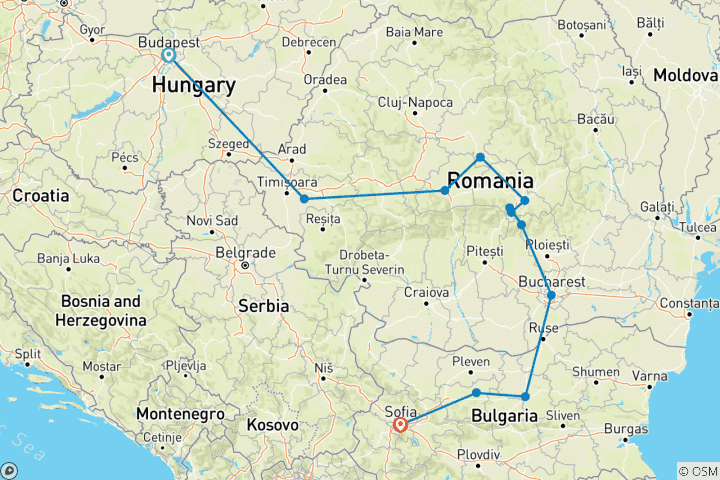 Carte du circuit Circuit de 6 jours de Budapest à Sofia avec la Transylvanie