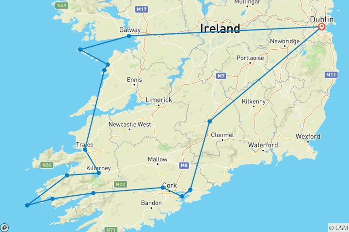 Mapa de Circuito de 7 días de Irlanda a la isla en grupo reducido