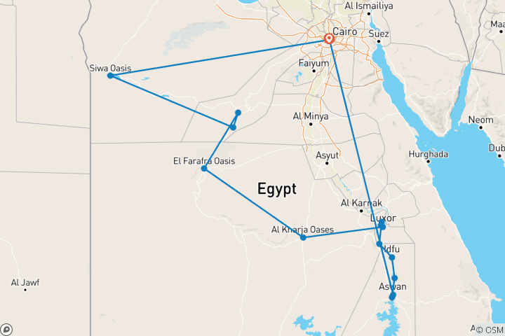 Kaart van Pakket 15 dagen 14 nachten naar Piramides, Luxor , Aswan & Oase