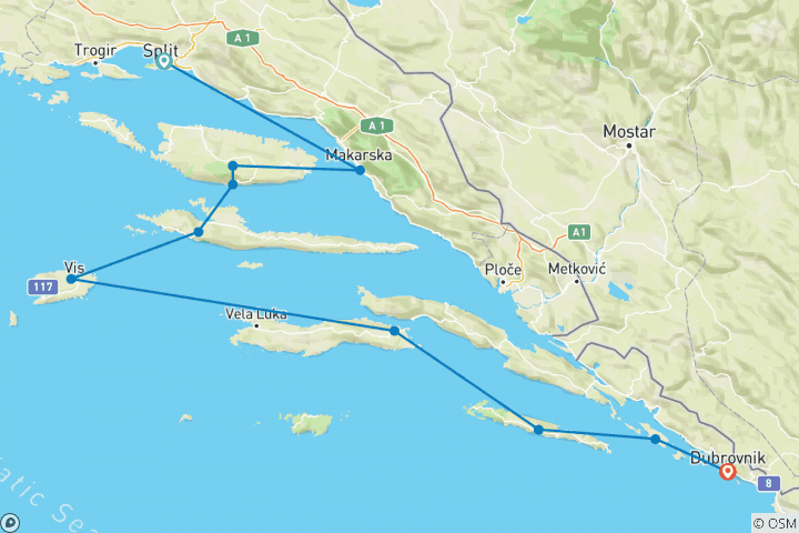 Kaart van Adriatische ontdekkingsreis - vanuit Split - premium plus - 8 dagen