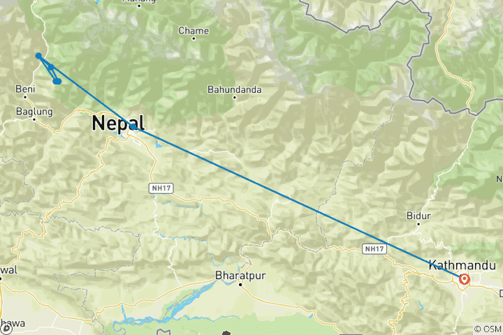 Kaart van Ghorepani Poonhill motortour- 7 dagen