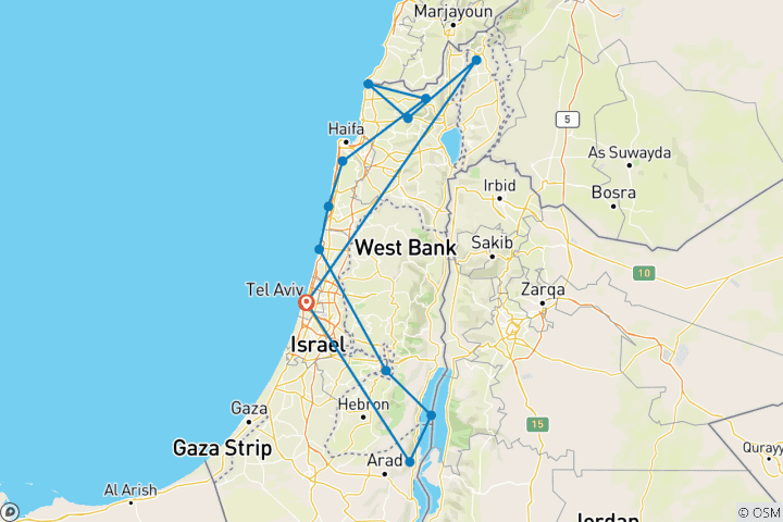 Map of Jewish Gems Trip - Jerusalem, Caesarea, Dead Sea & Golan Heights - 4 Days