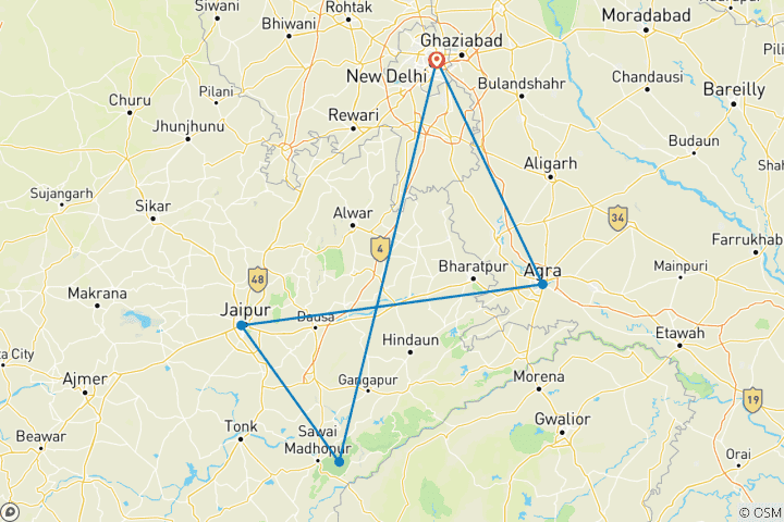 Mapa de Desde Delhi: norte de la India, Taj Mahal y safari privado por la fauna de Ranthambore