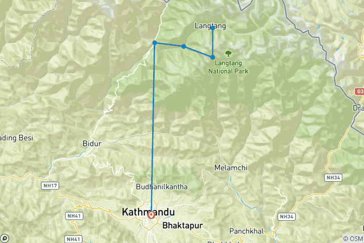 Carte du circuit Trek dans la vallée du Langtang