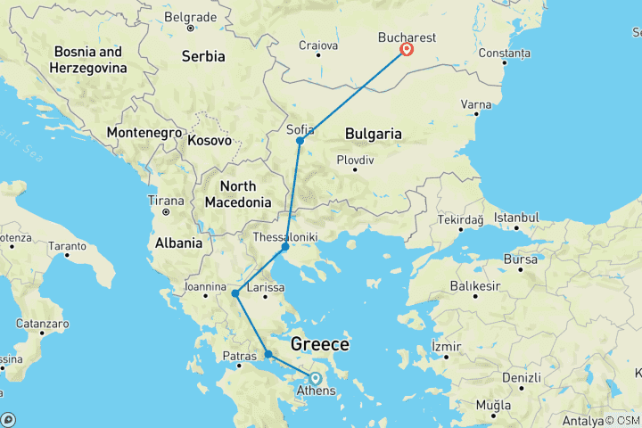 Carte du circuit D'Athènes à la Transylvanie