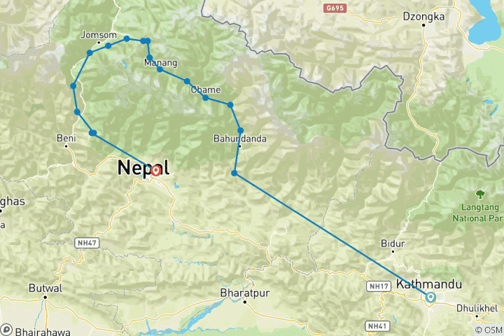 Map of Annapurna Circuit Trek Via Tilicho Lake - 18 Days