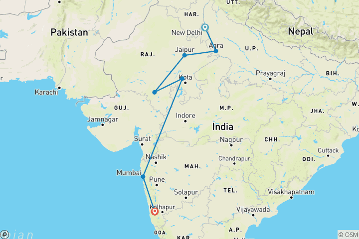 Carte du circuit New Delhi - Rajasthan avec Goa en train - 14 jours