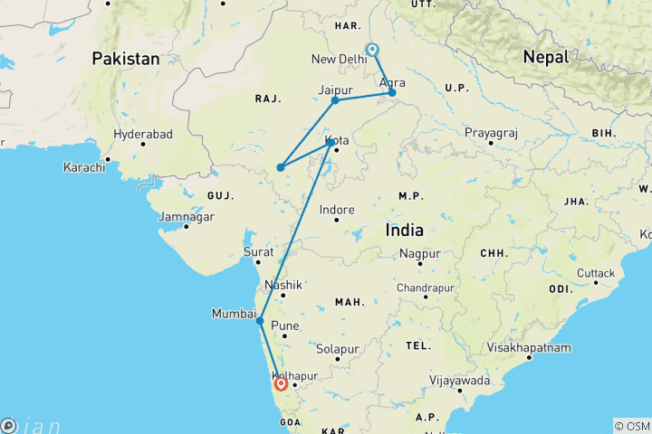 Map of New Delhi to Rajasthan with Goa by Rail 14 Days