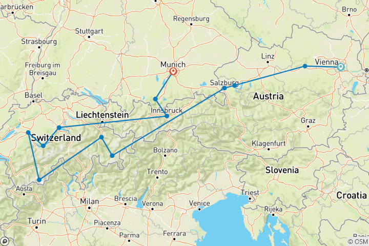 Carte du circuit Le meilleur de l'Autriche et de la Suisse avec Oberammergau - Faith-Based Travel