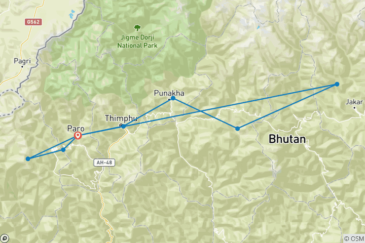 Kaart van Diepgaande cultuur & natuur reis naar Bhutan