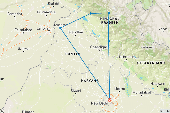 Mapa de Viaje a Himachal con Amritsar y Dharamshala - 10 días