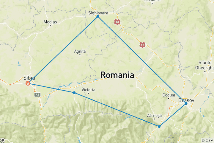 Map of Winter Tour in Transylvania with sleeping experience of Hotel of Ice from Sibiu