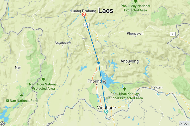 Map of Laos Adventure Overland Tour from Vientiane to Luang Prabang via Vang Vieng, Ban Paklung