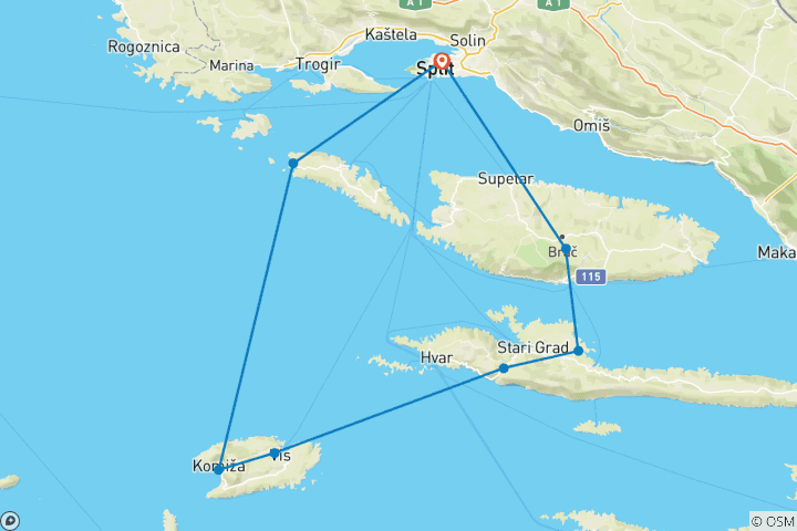 Map of Yoga Sailing in Croatia (from Split to Split)