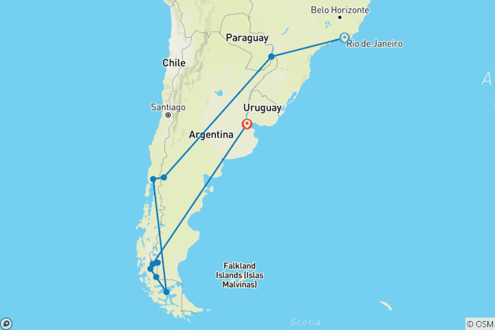 Map of Brazil, Argentina & Chile - South America 22 days