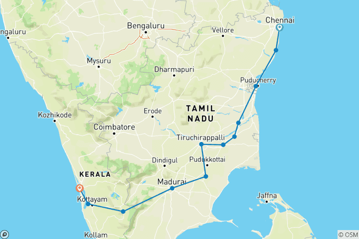 Carte du circuit L'Inde du Sud classique - Tamilnadu et Kerala !