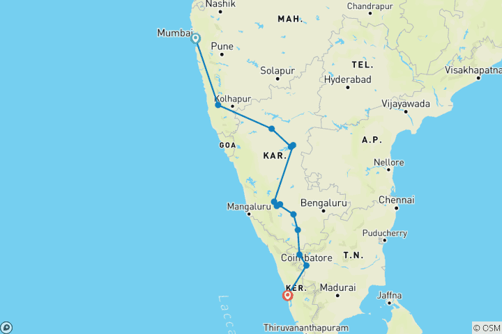 Mapa de Karnataka y Kerala - arte, cultura y naturaleza