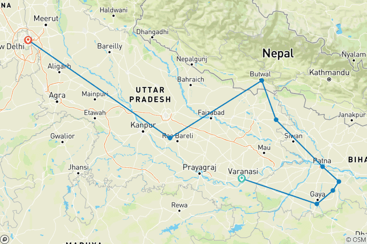 Map of 10 Days Buddhist Circuit with Birth to Death Place of Buddha