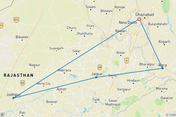 Mapa de Desde Delhi: circuito privado al triángulo de oro con Jodhpur