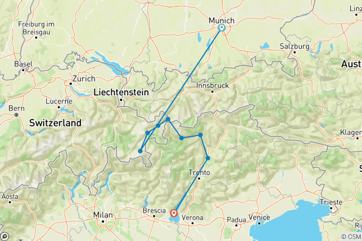 Kaart van Begeleide fietstocht door Zwitserland, Oostenrijk & Italië – per elektrische fiets – van de gletsjers naar het Gardameer