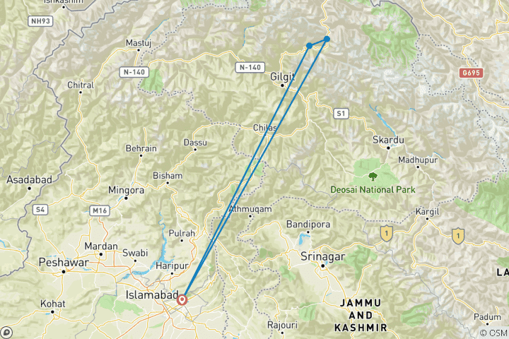 Mapa de Circuito de 10 días por el Valle de Hunza y los cerezos florecidos Pakistán