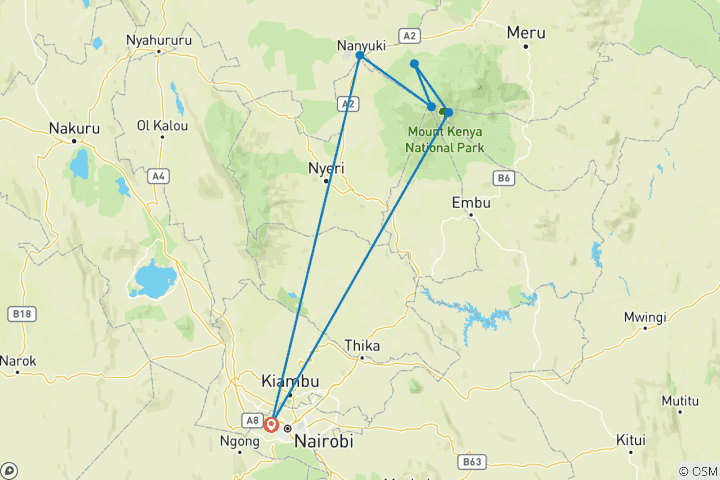 Map of 4 Days Mount Kenya Trek using the Sirimon Route