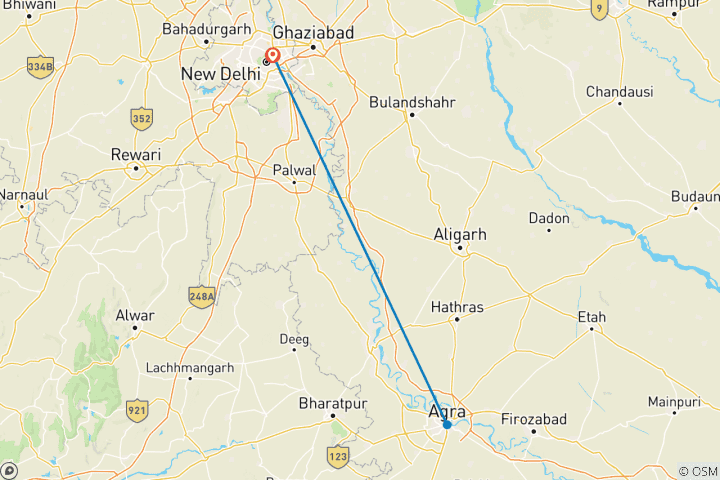 Carte du circuit Depuis Delhi : visite du Taj Mahal, du fort d'Agra et du Baby Taj en train express Gatimaan