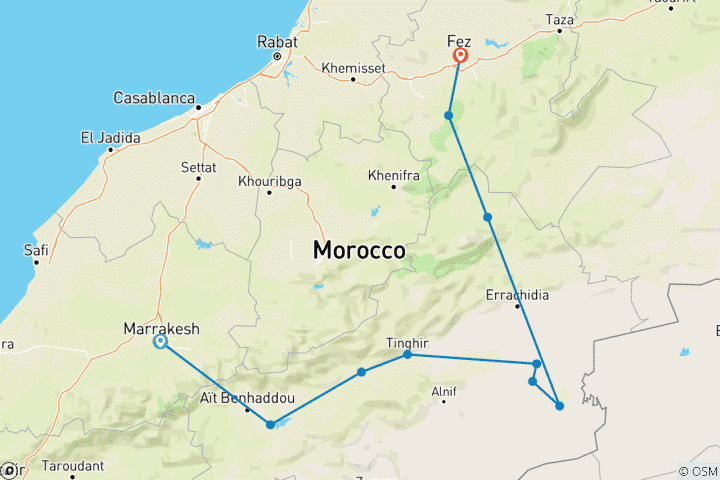 Map of 3 Days Sahara Desert Tour from Marrakech to Fes